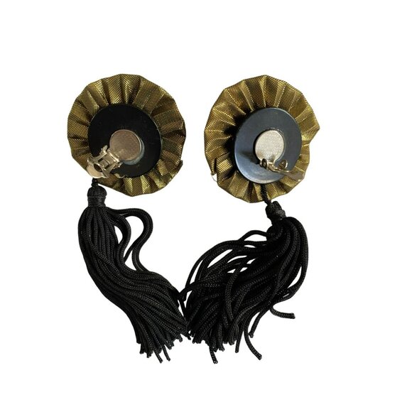Vintage 80s Gold & Black Clip-On Earrings With Tassels - Picture 3 of 4